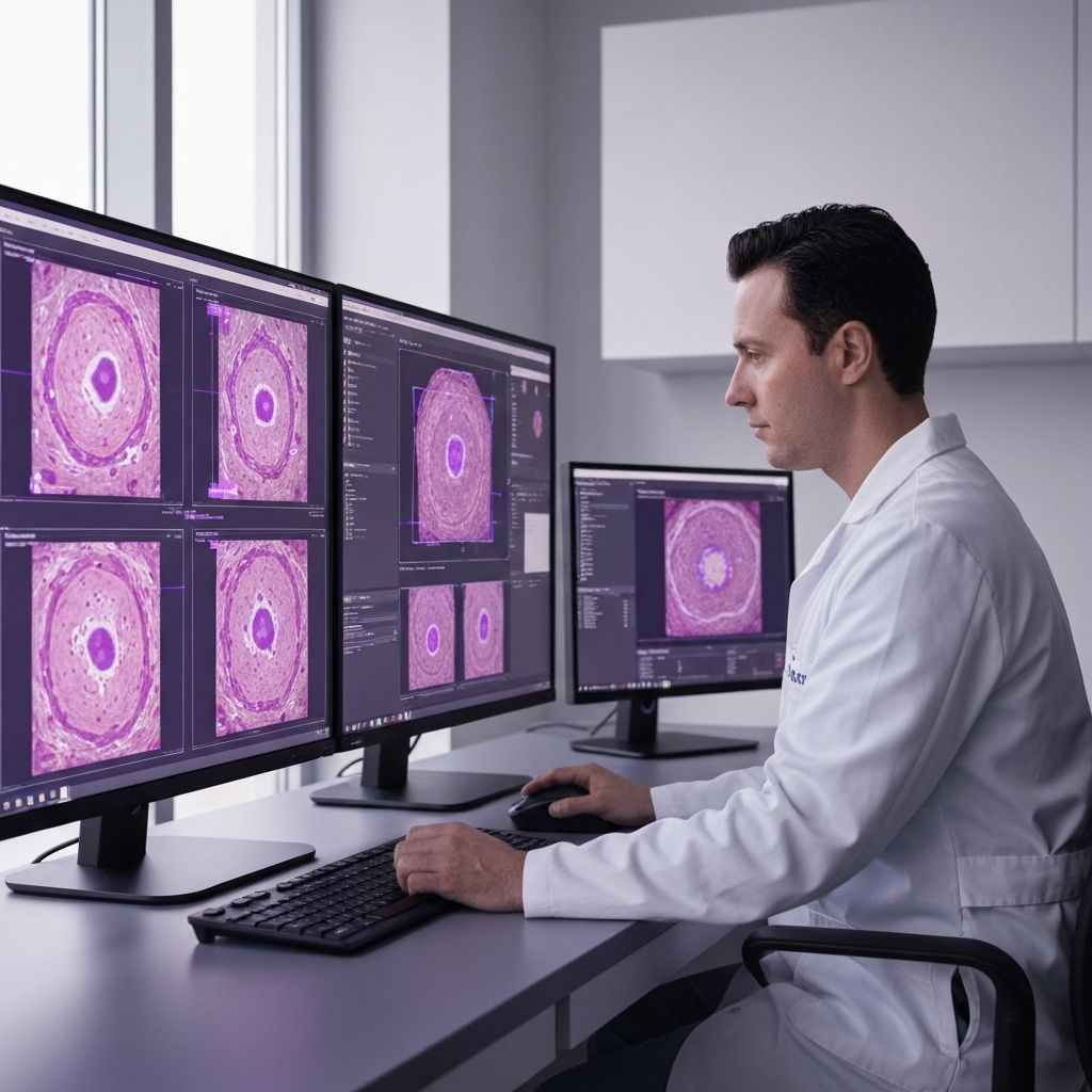 Pathologist reviewing AI-assisted tissue analysis on a digital pathology workstation