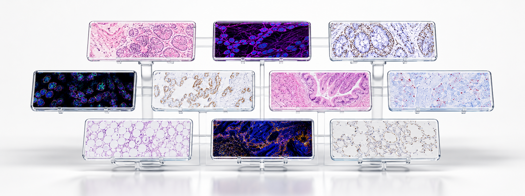 Arrangement of glass pathology slides on a clear rack showing H&E, immunofluorescence, and IHC stains