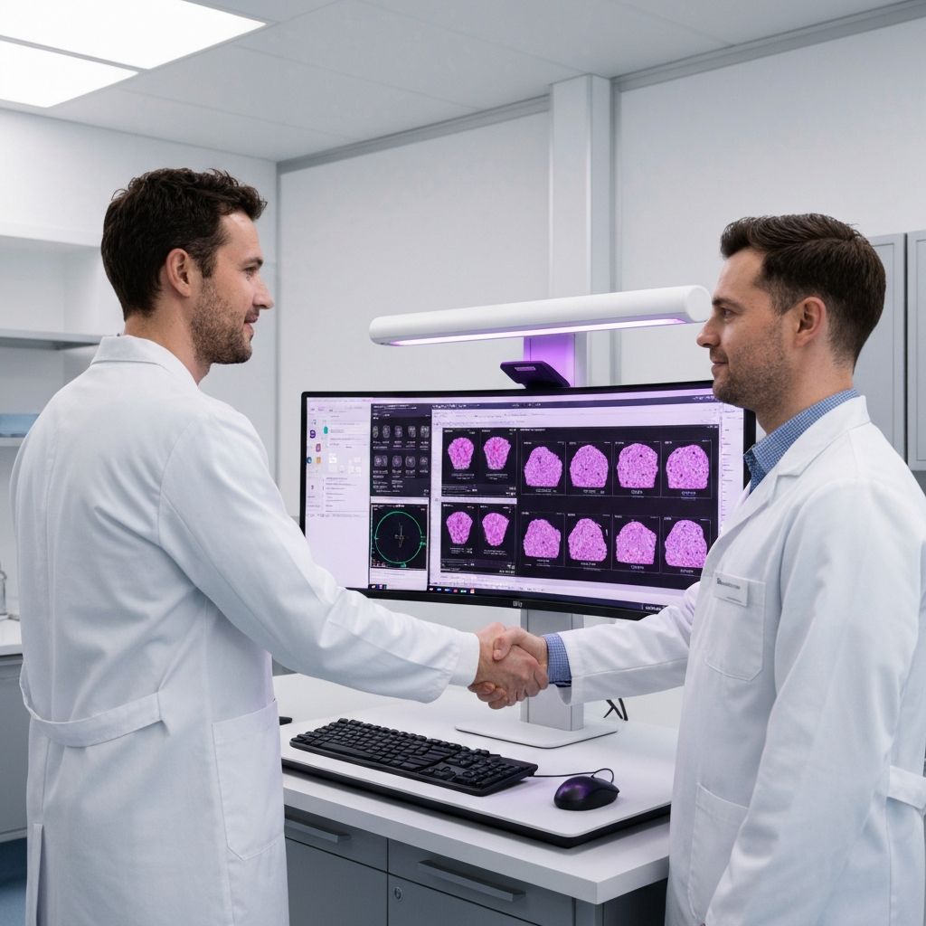 Two clinical executives reviewing a digital pathology workstation displaying tissue slides