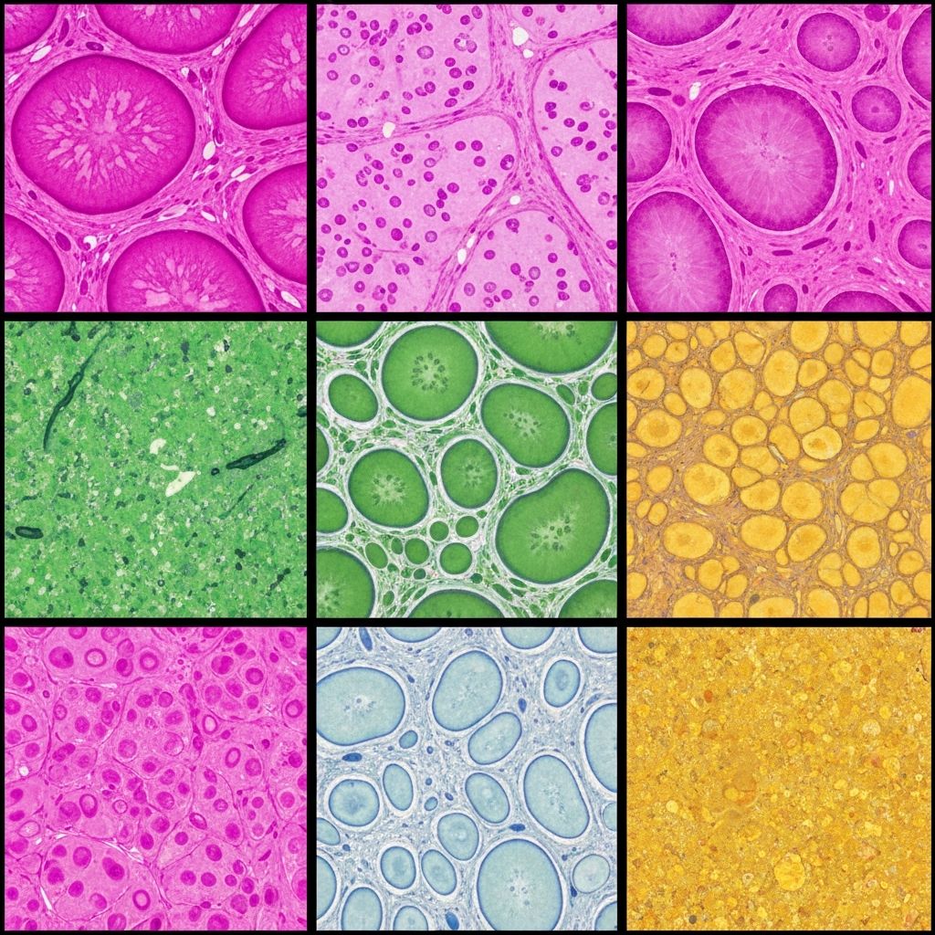 Grid of histology tissue samples with magnifying loupe