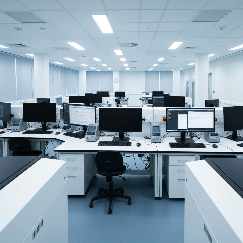 Architectural interior of a computational pathology validation laboratory with rows of whole-slide scanners