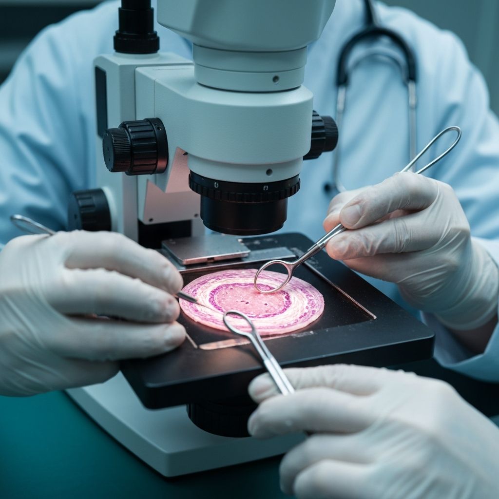 Pathologist reviewing breast tissue slides with digital annotations on a monitor