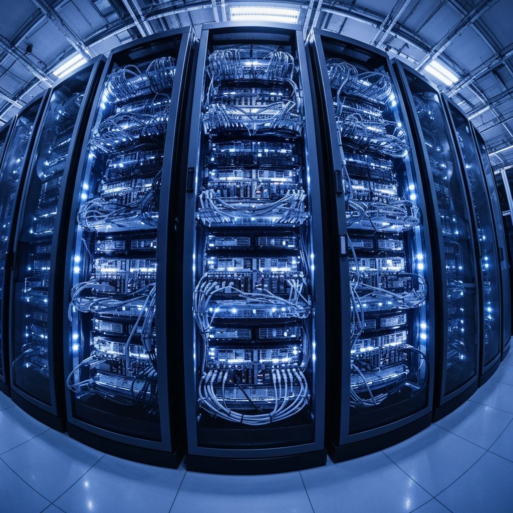Darkened GPU server aisle with subtle purple indicators