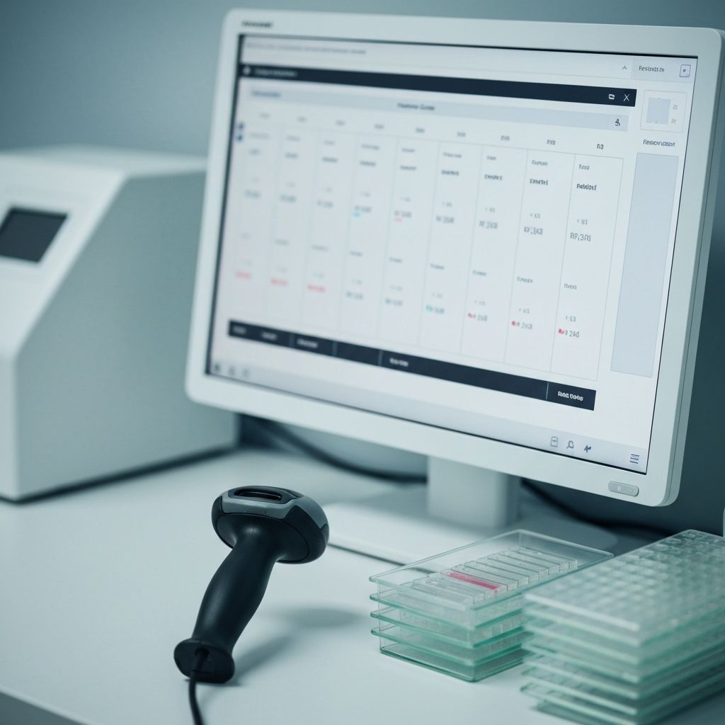 Clinical laboratory workstation with barcode scanner and slide trays