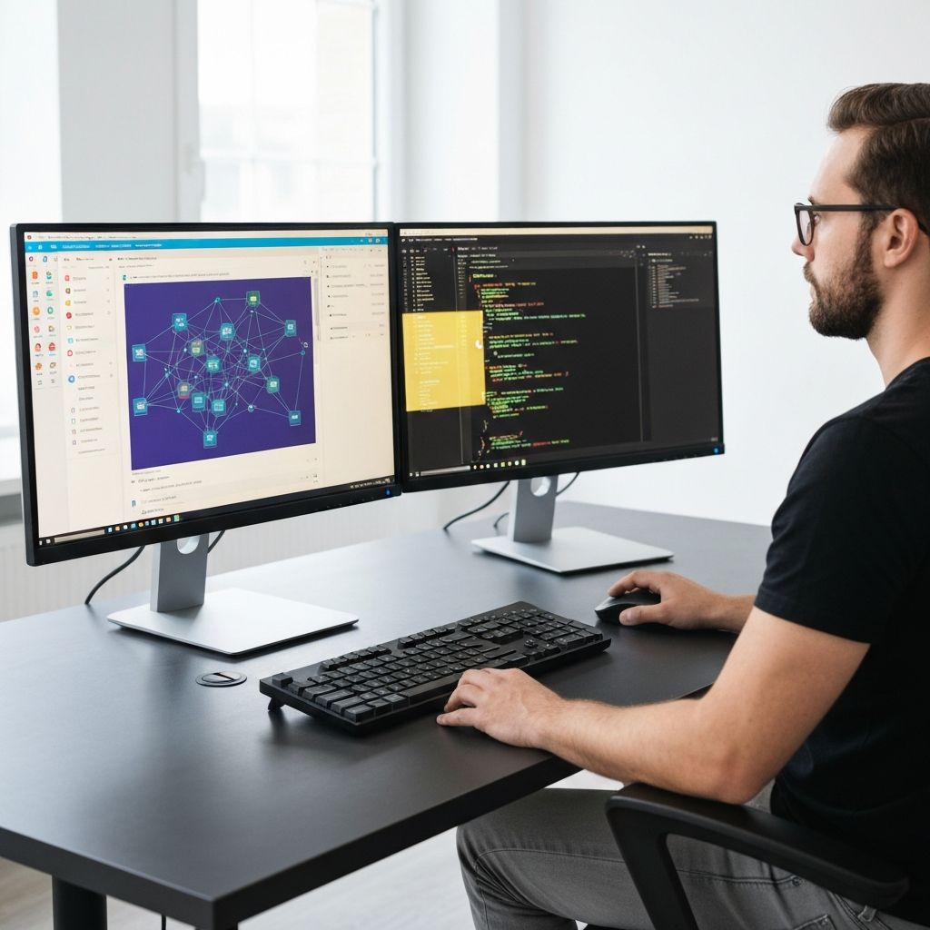 Developer workstation with a code editor on one monitor and a pathology slide viewer interface on the other