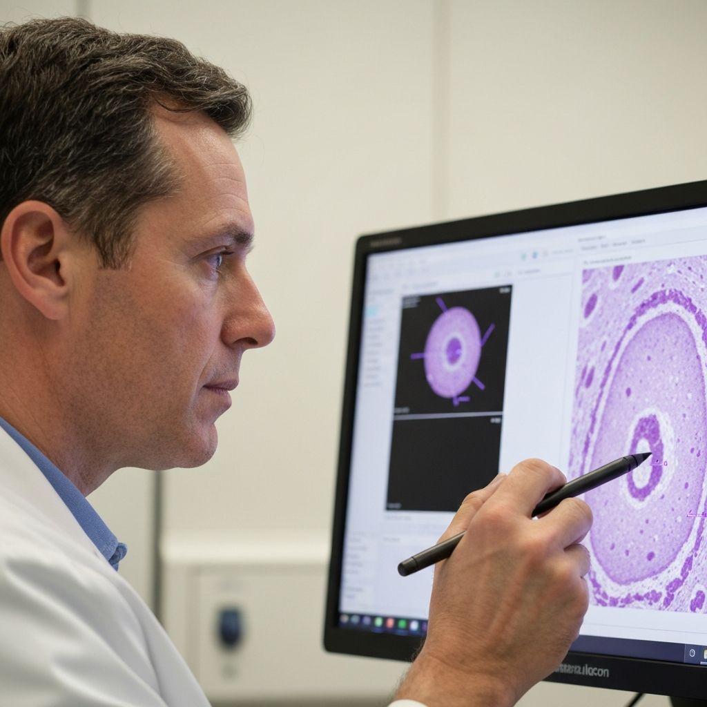 Senior pathologist reviewing AI annotations on a digital microscope station